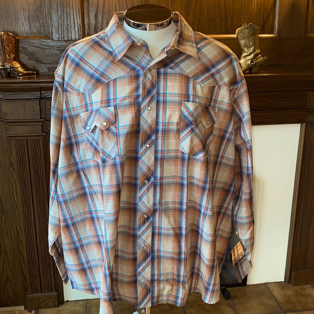 Wrangler 3XL pearl snap plaid long sleeve men’s shirt big tall cowboy western